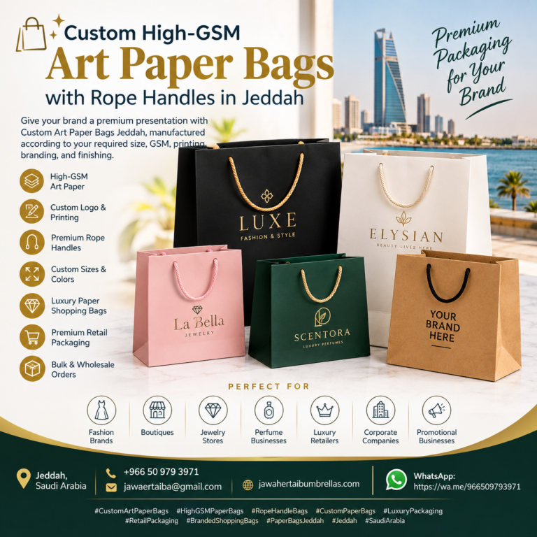Custom High-GSM Art Paper Bags with Rope Handles in Jeddah